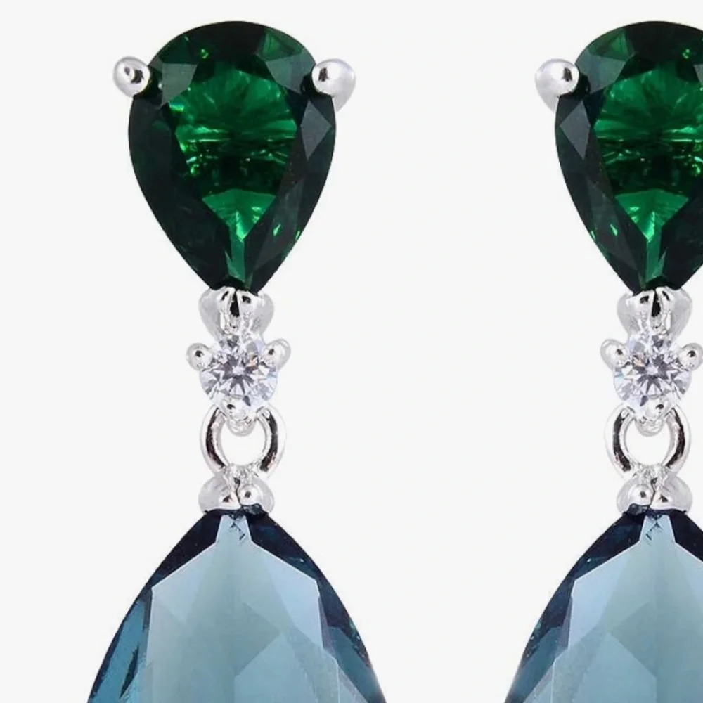 Gorgeous Neiman Marcus Silver Aquamarine and Emerald crystal drop earrings - Picture 3 of 3